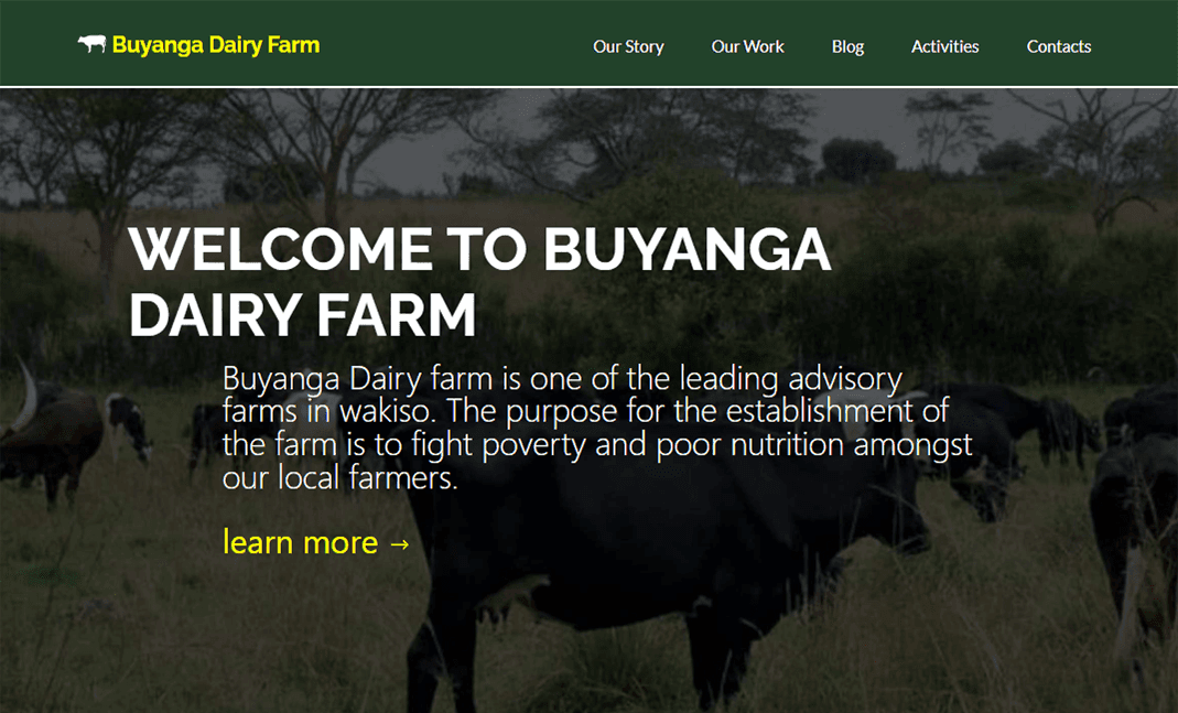 Buyanga Dairy Farm's home page — the cooperative's story, services and contact routes on a single clear path.