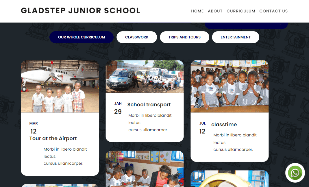 The Gladstep Junior School site — curriculum, activities, location and contacts, hand-built in HTML and CSS.