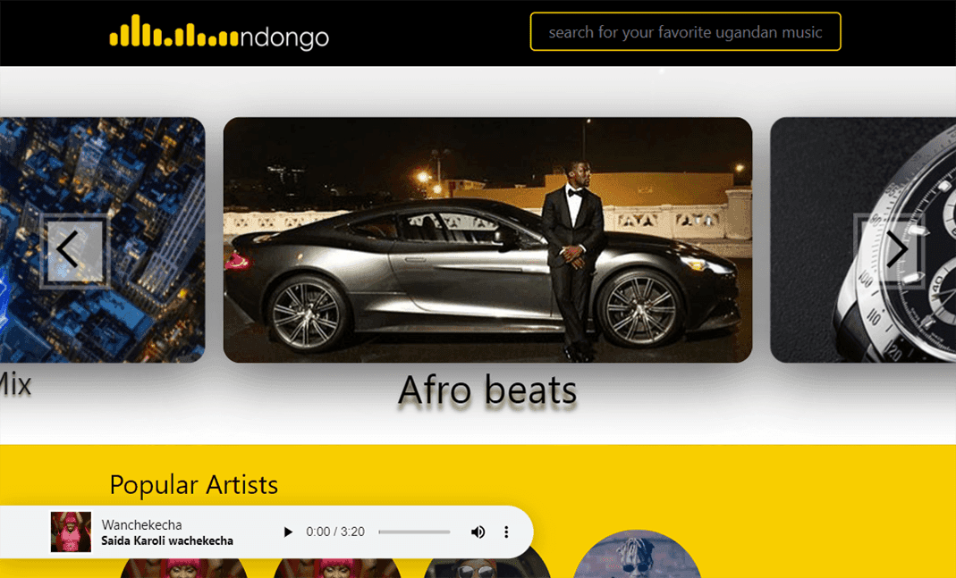 Ndongo's browse view — the searchable Ugandan catalogue with artists, categories and albums, and a player that follows you across the app.
